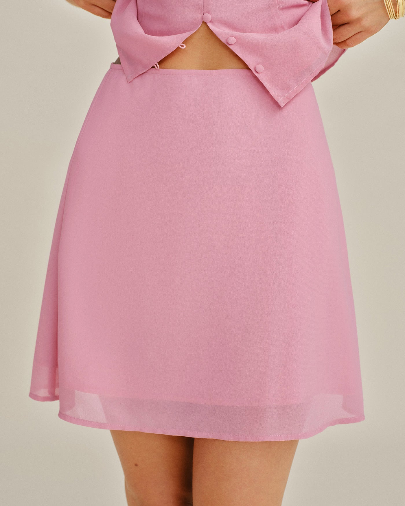 Pink Solid Chiffon Mini Skirt