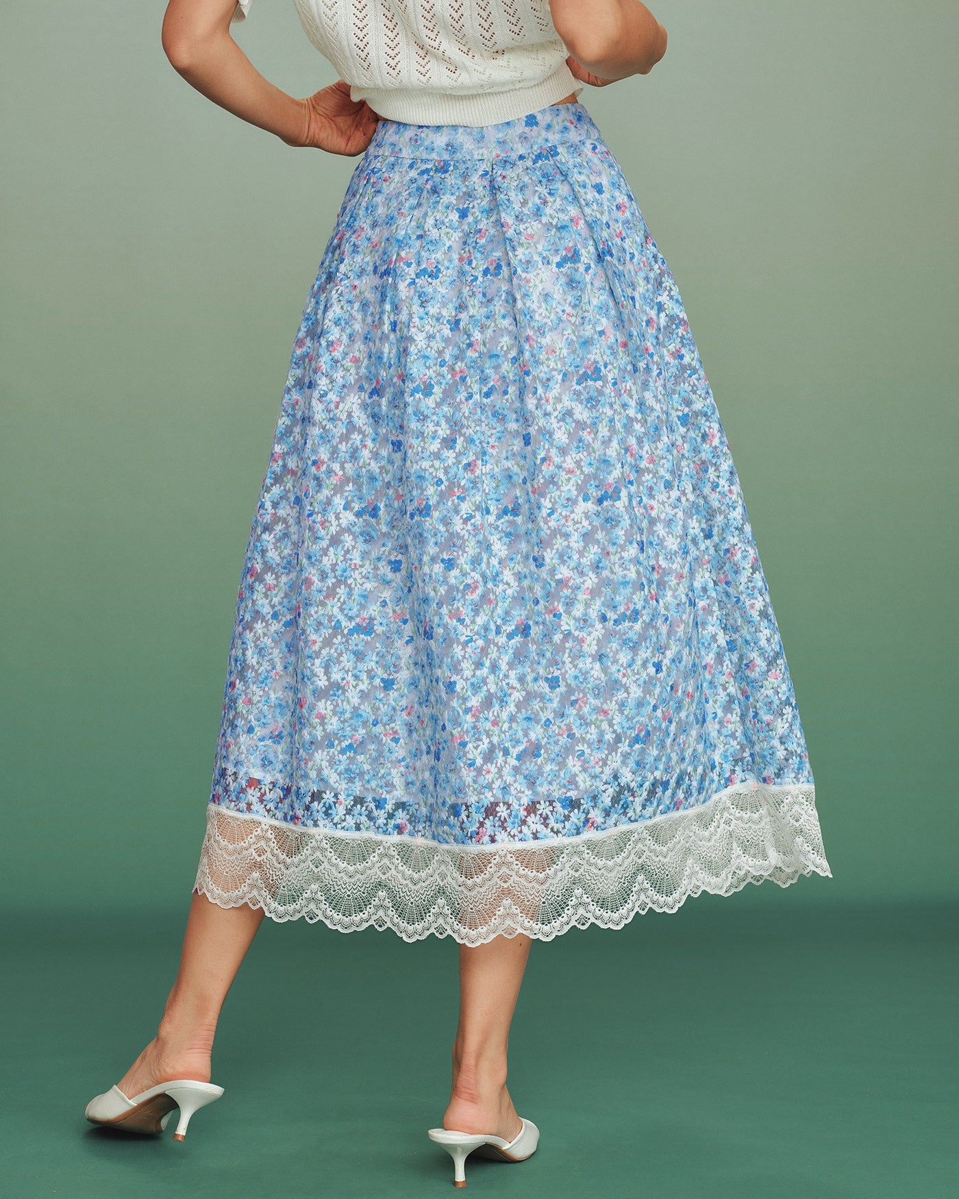 Blue Floral Lace A-Line Skirt