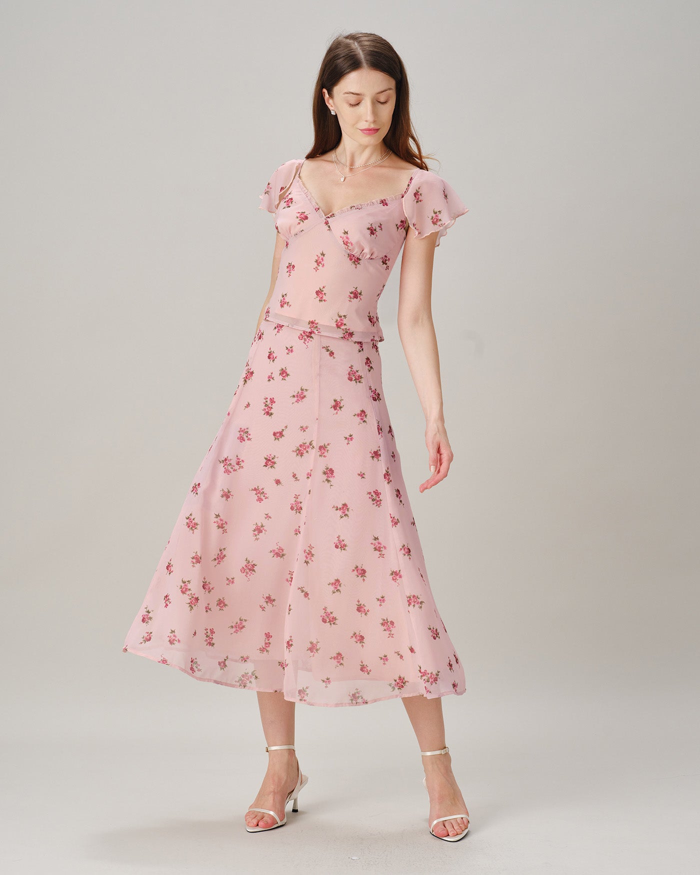 Pink Floral Chiffon A-Line Midi Skirt