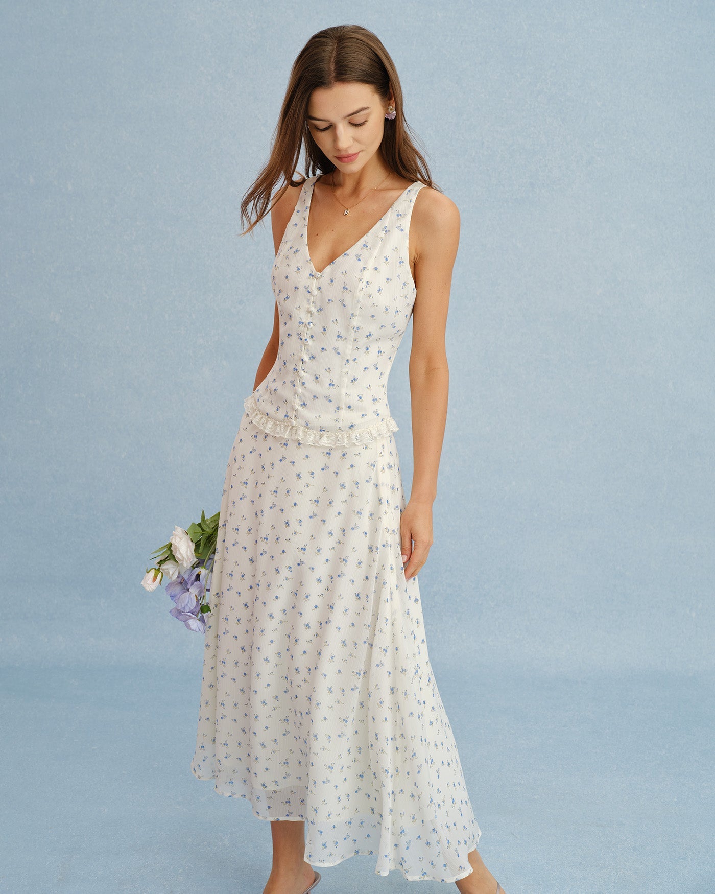 Beige Floral Chiffon Midi Skirt