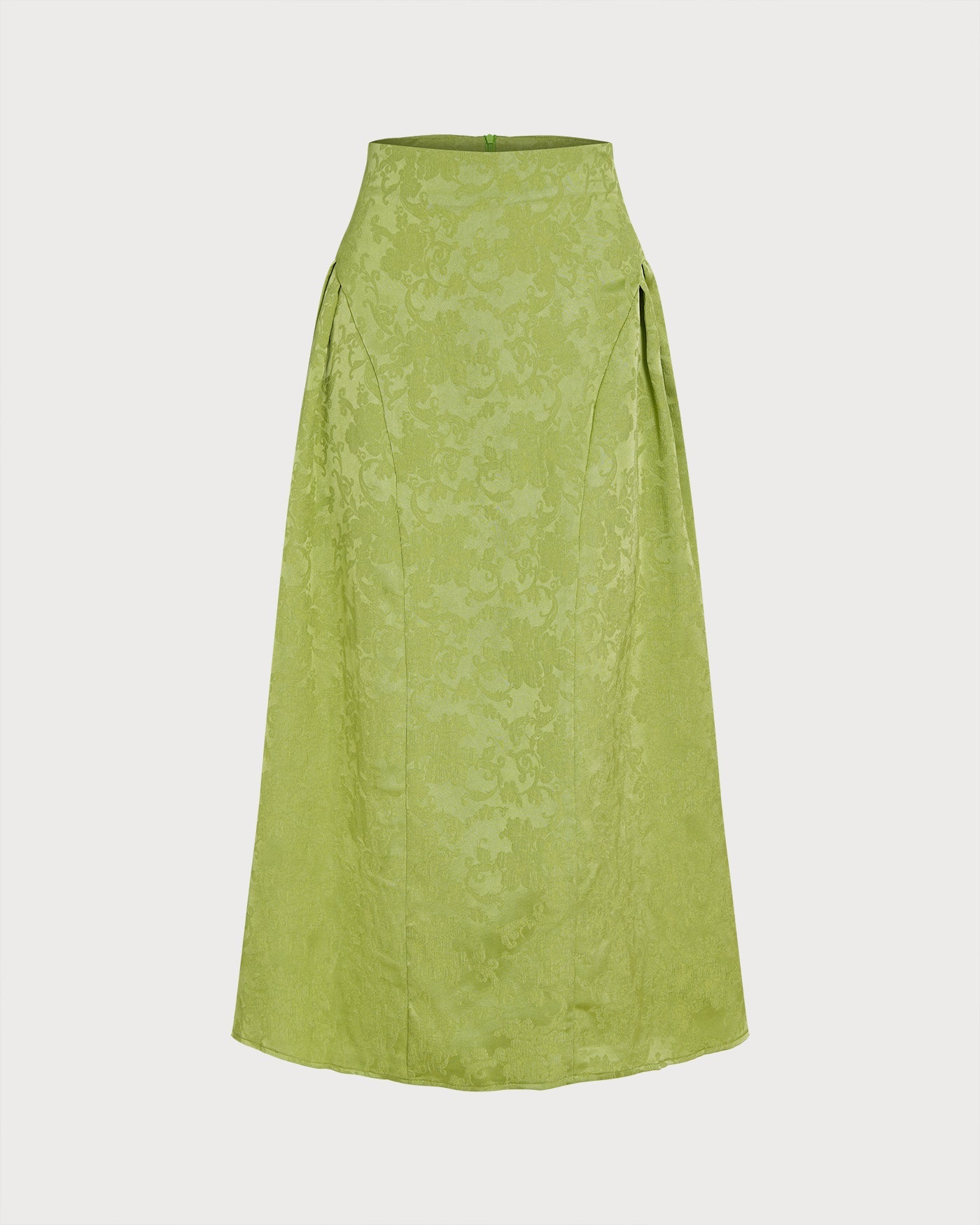 Green Jacquard Ruched Satin Midi Skirt