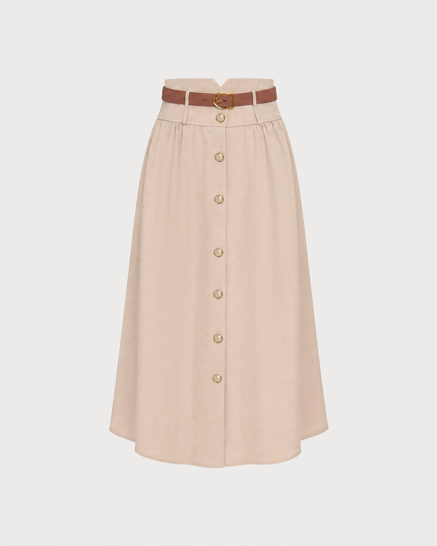 Khaki Belt Shirred Button Skirt