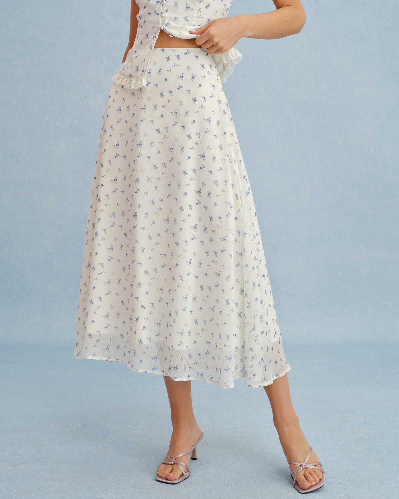 Beige Floral Chiffon Midi Skirt