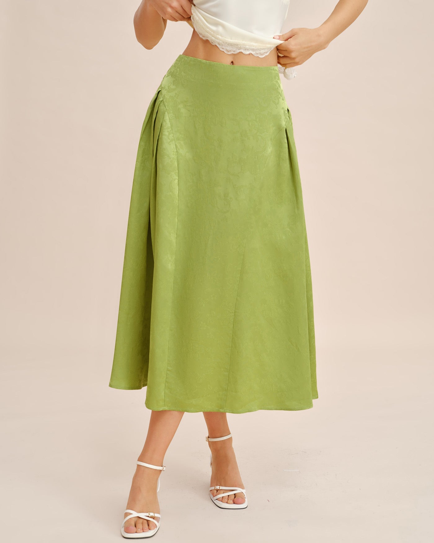 Green Jacquard Ruched Satin Midi Skirt
