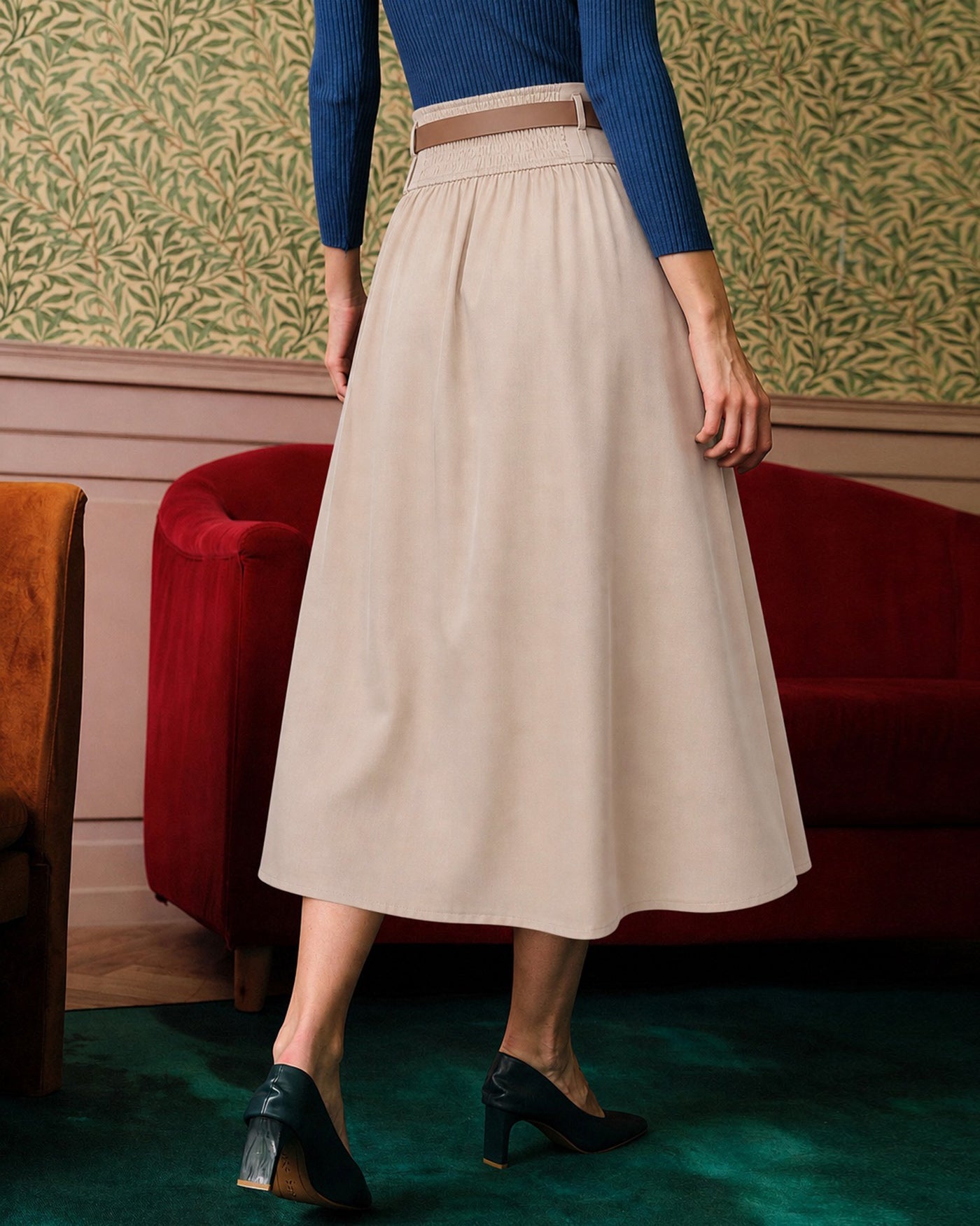 Khaki Belt Shirred Button Skirt