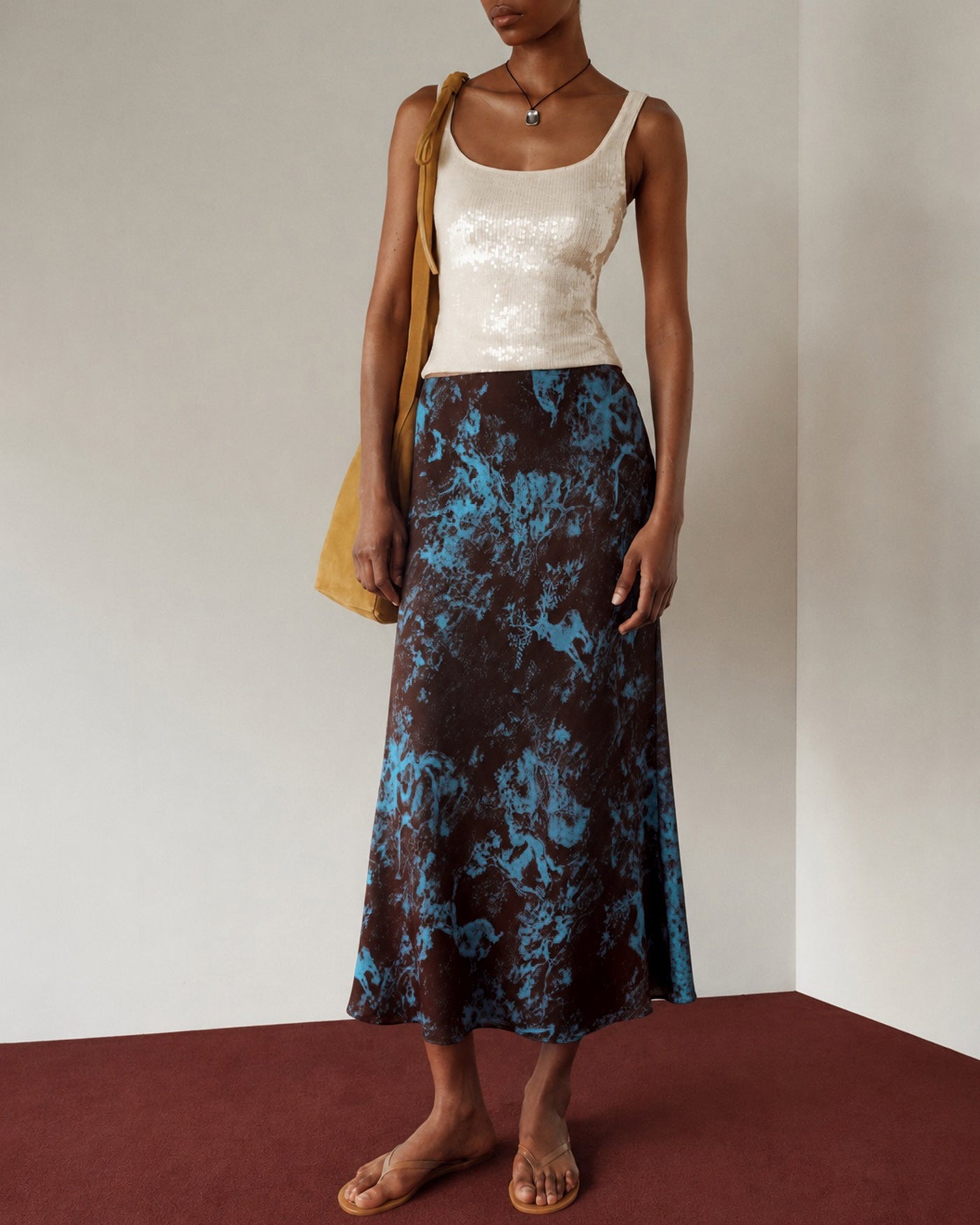Coffee Elastic Waist Floral Midi Skirt