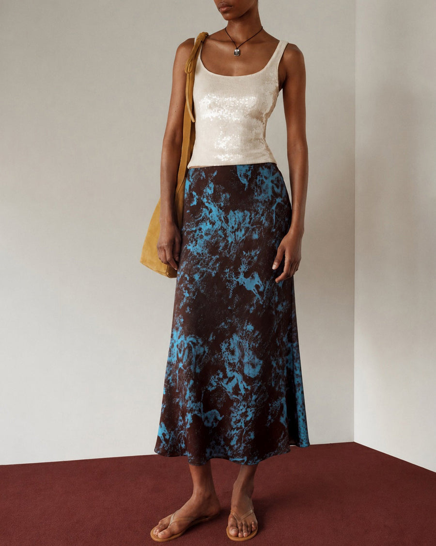 Coffee Elastic Waist Floral Midi Skirt