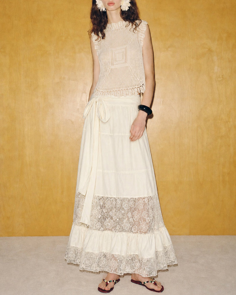 Apricot Lace Elastic Waist Midi Skirt