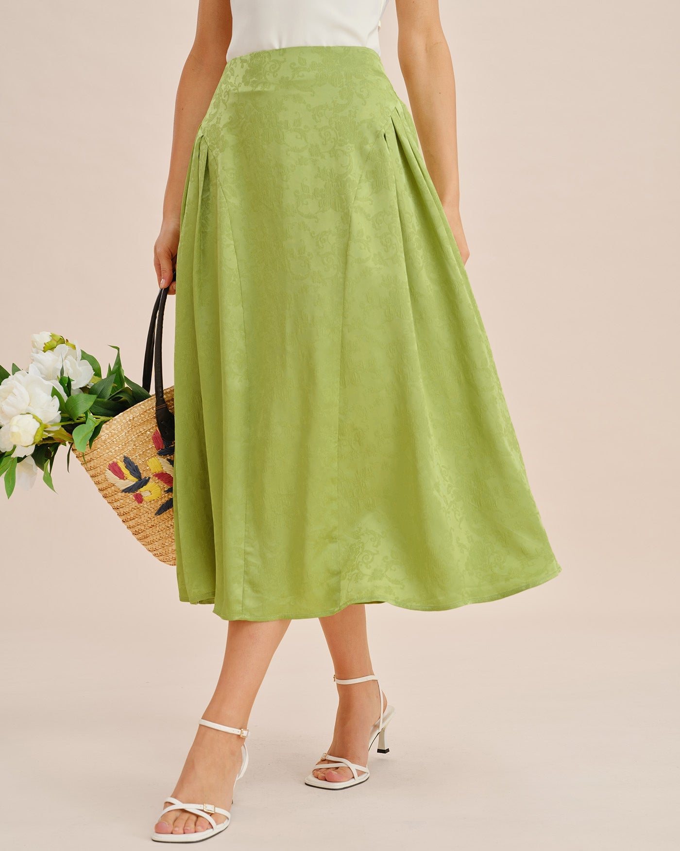 Green Jacquard Ruched Satin Midi Skirt