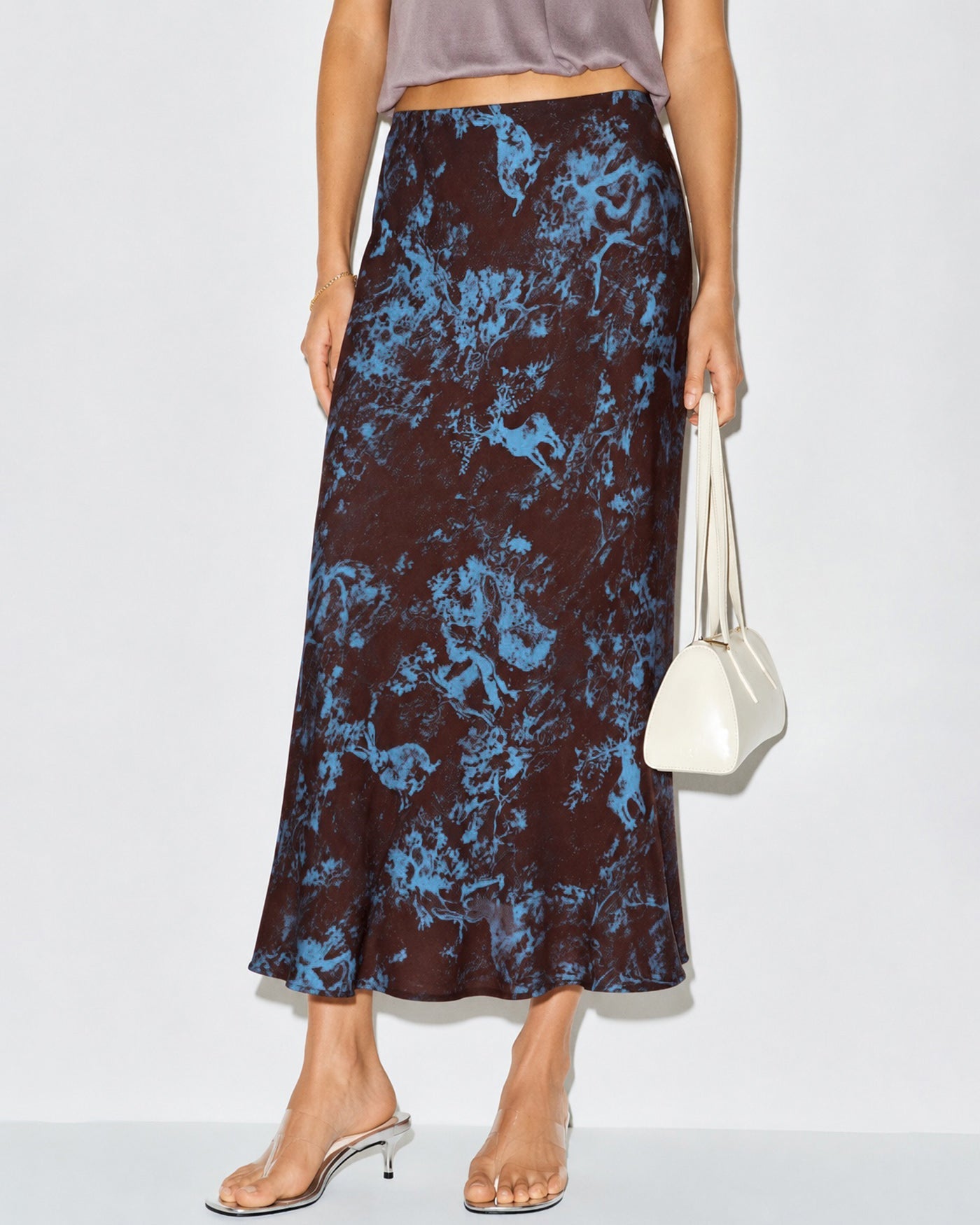 Coffee Elastic Waist Floral Midi Skirt