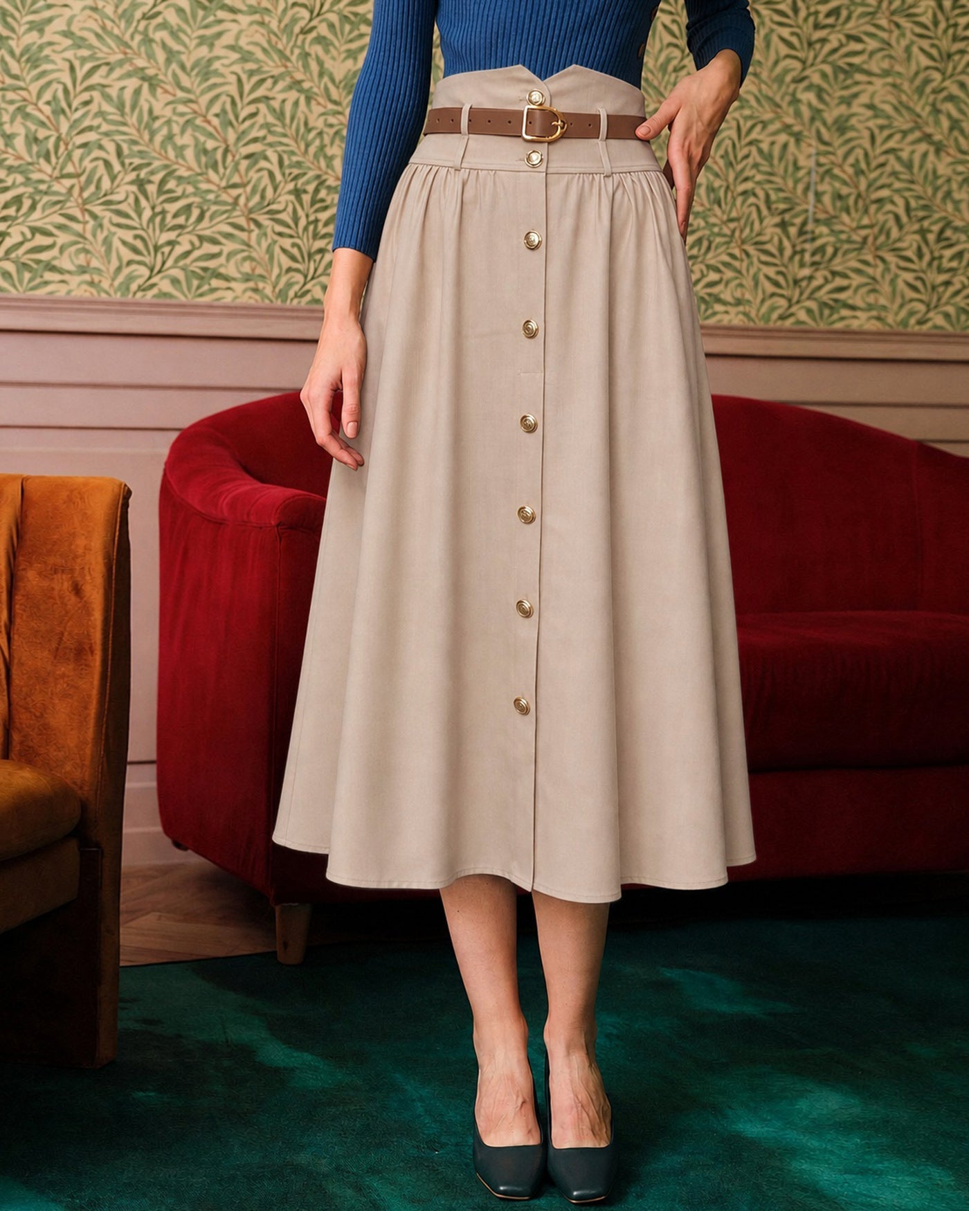 Khaki Belt Shirred Button Skirt