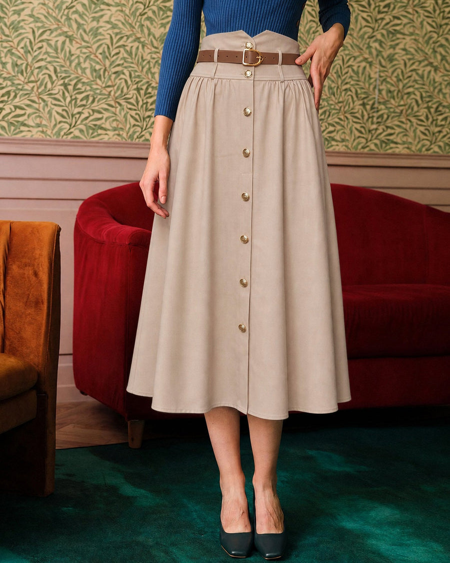 Khaki Belt Shirred Button Skirt