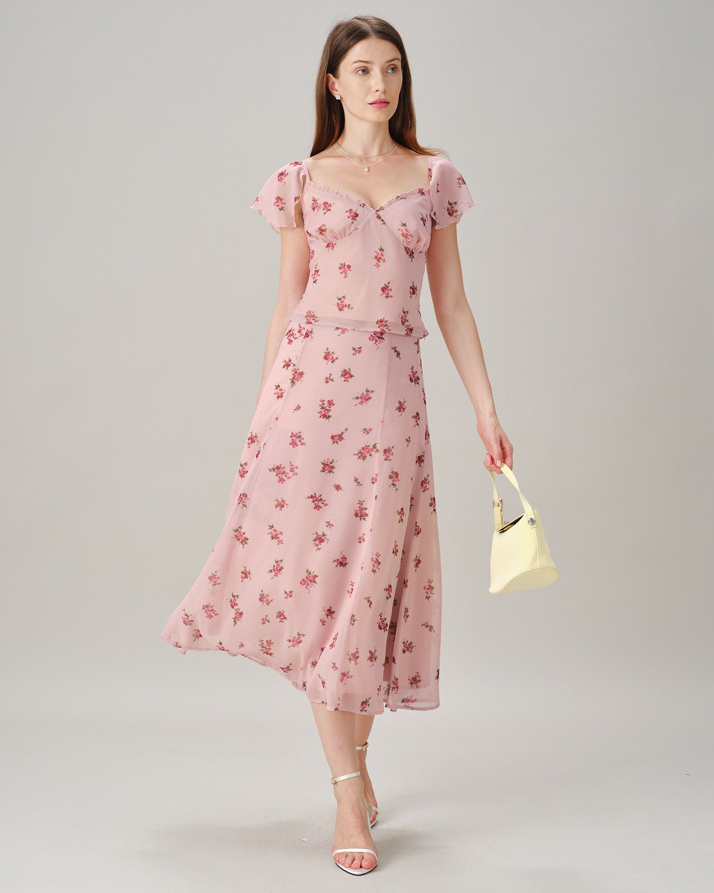 Pink Floral Chiffon A-Line Midi Skirt