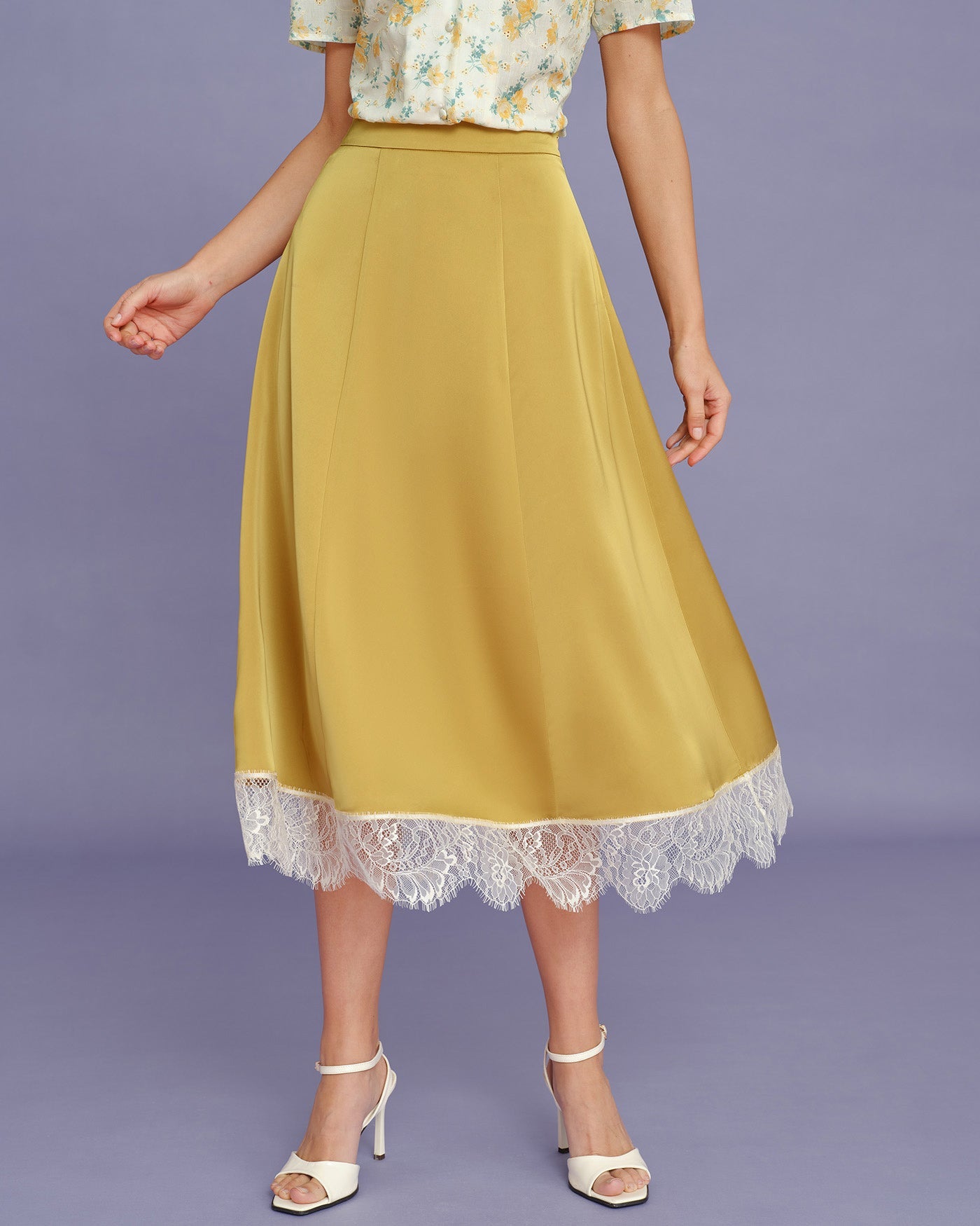Yellow Lace Satin Midi Skirt