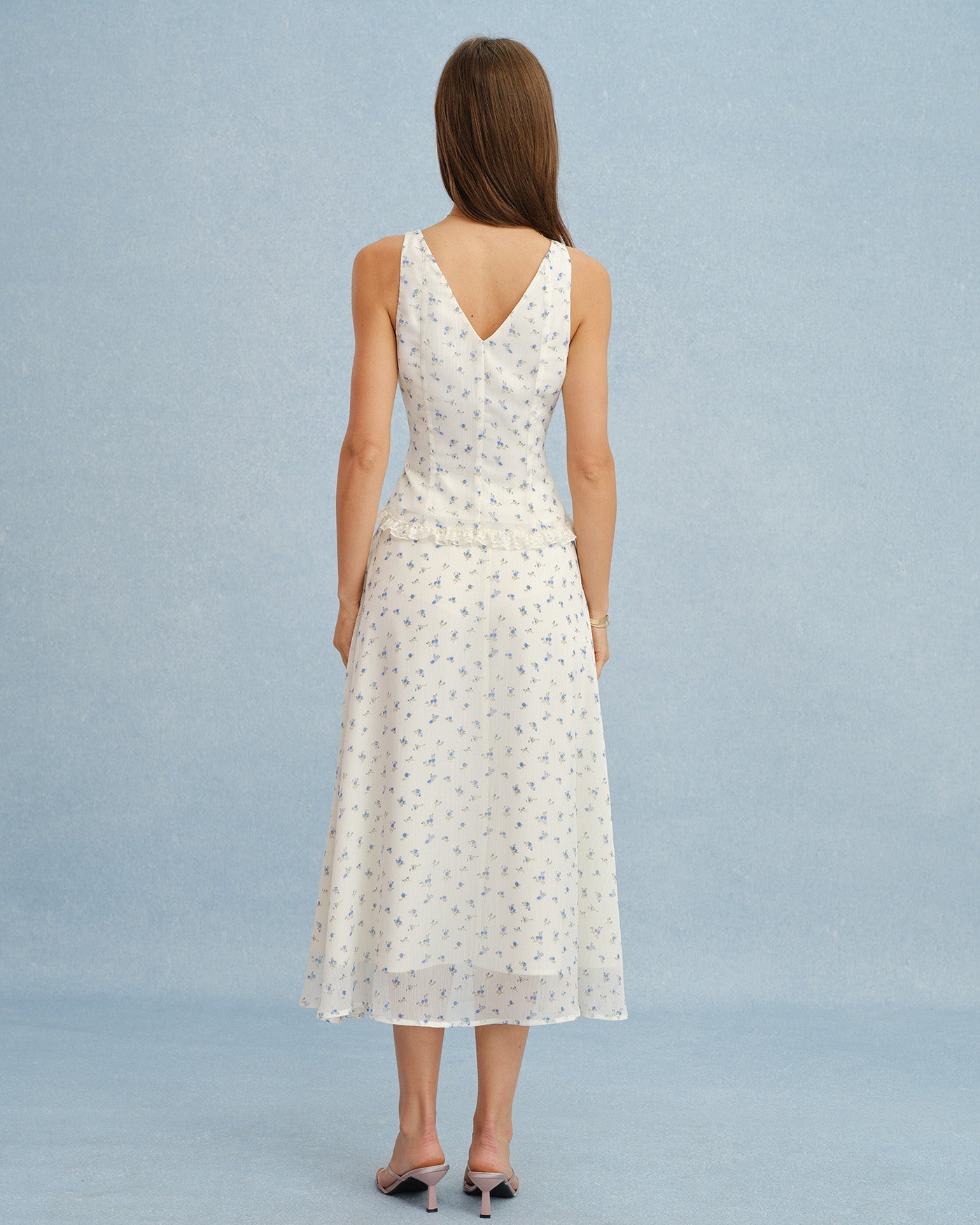 Beige V Neck Floral Chiffon Tank Top