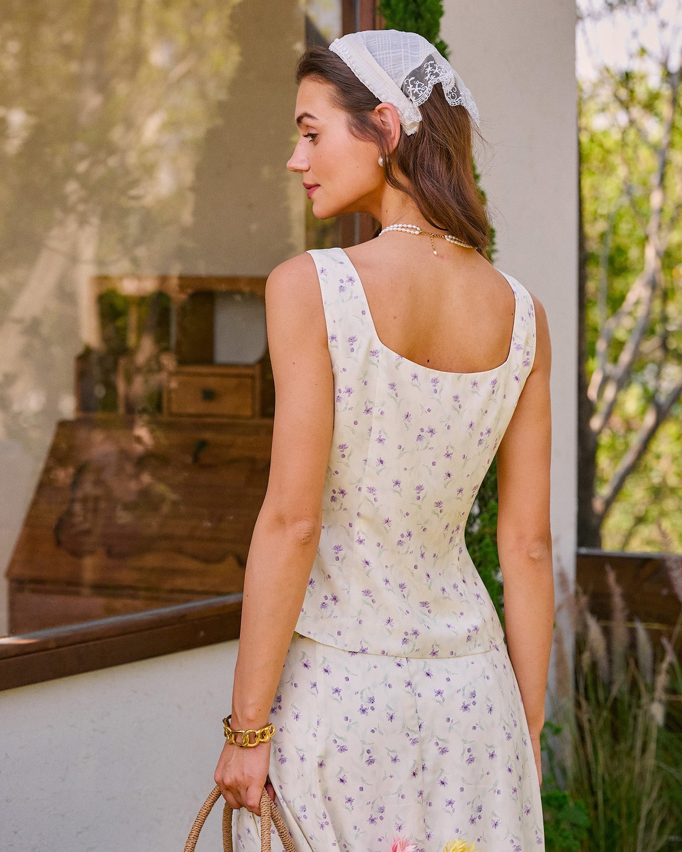 Beige Square Neck Floral Tank Top