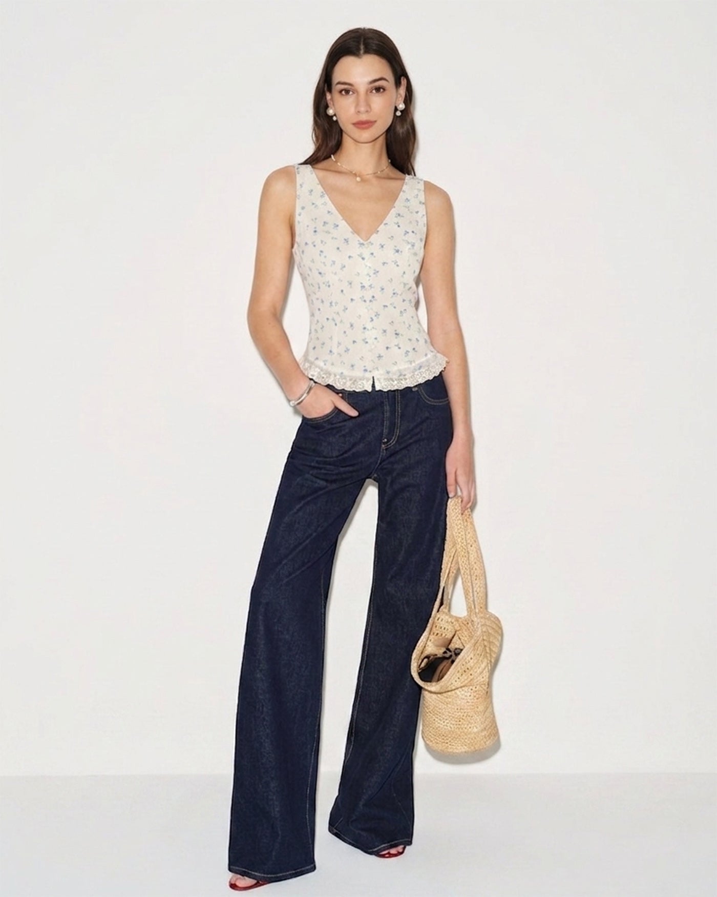Beige V Neck Floral Chiffon Tank Top