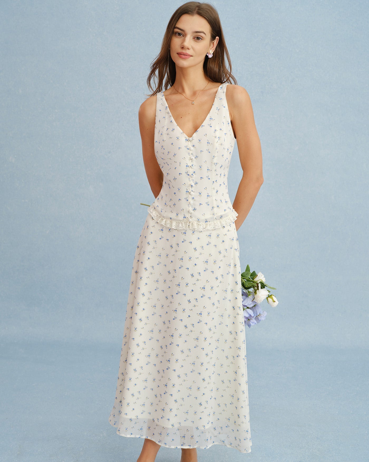Beige V Neck Floral Chiffon Tank Top