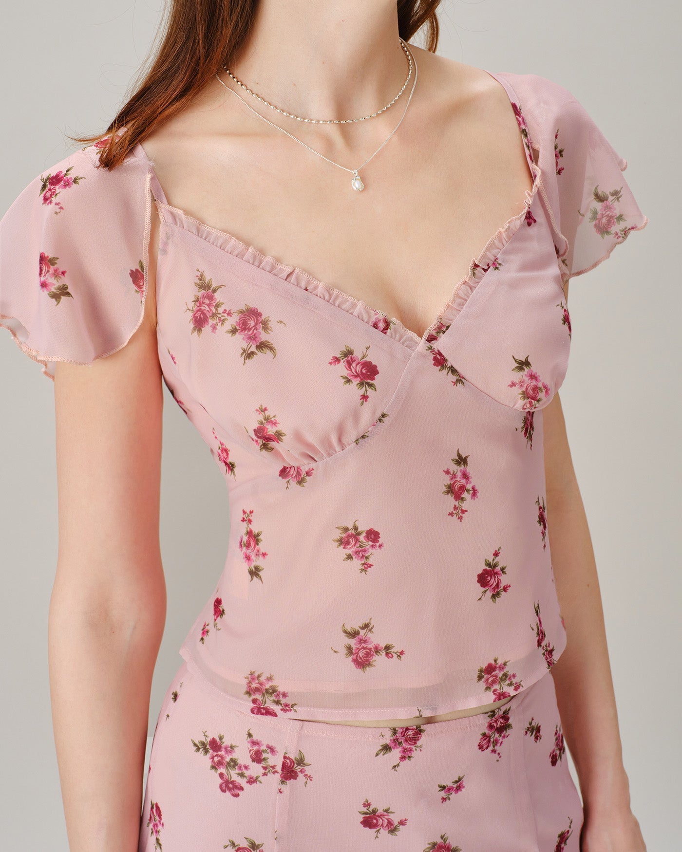 Pink V Neck Ruffle Floral Tee