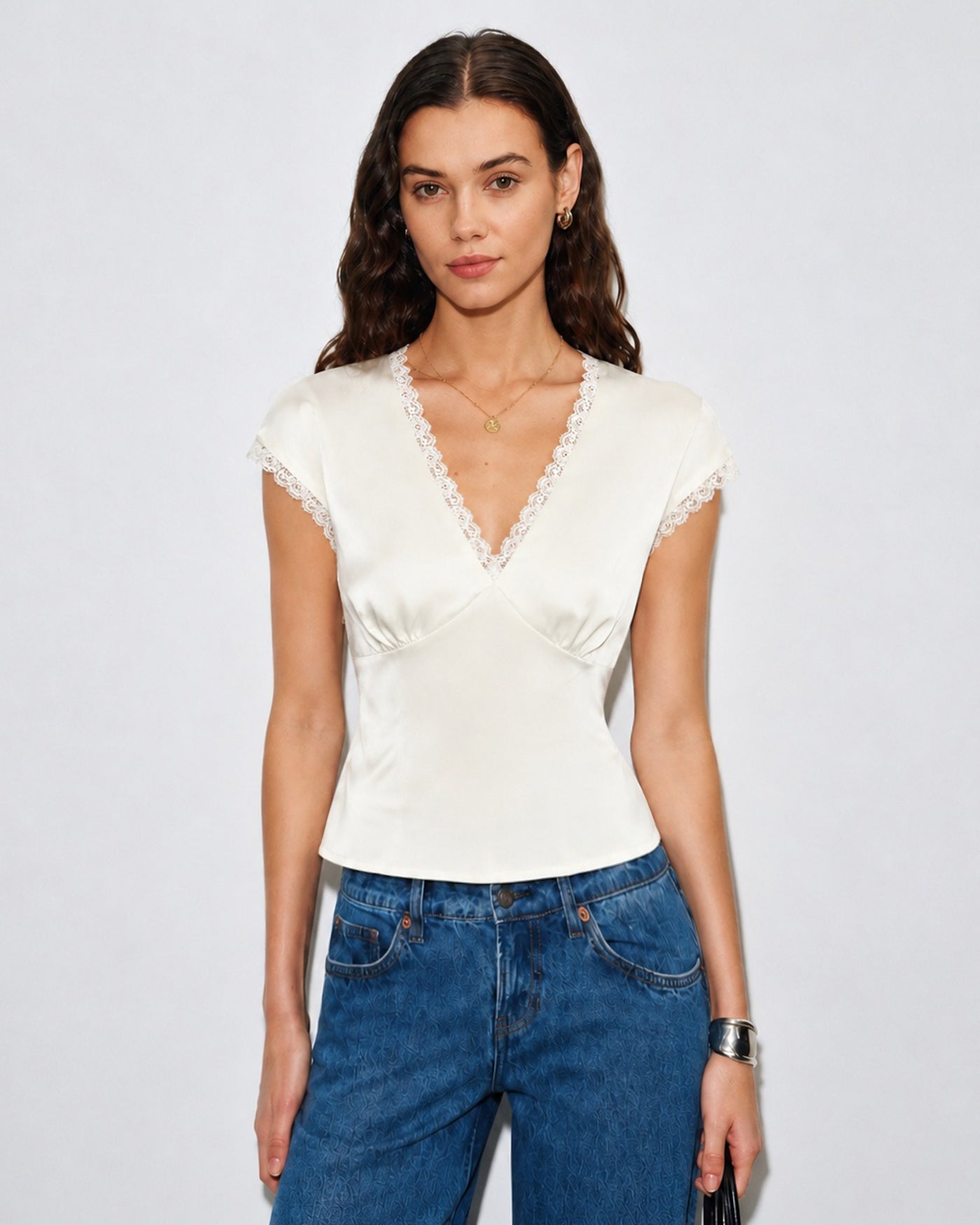 Apricot V Neck Lace Satin Tee