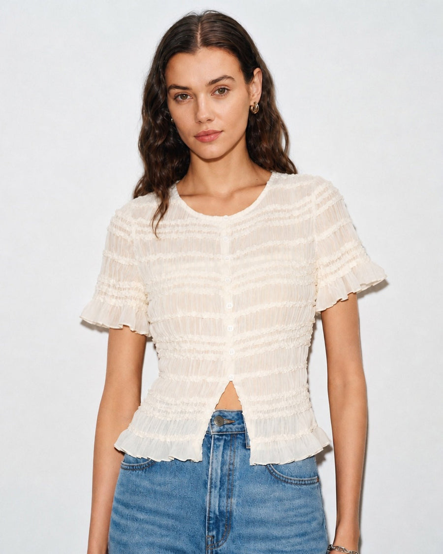 Apricot Boat Neck Shirred Tee
