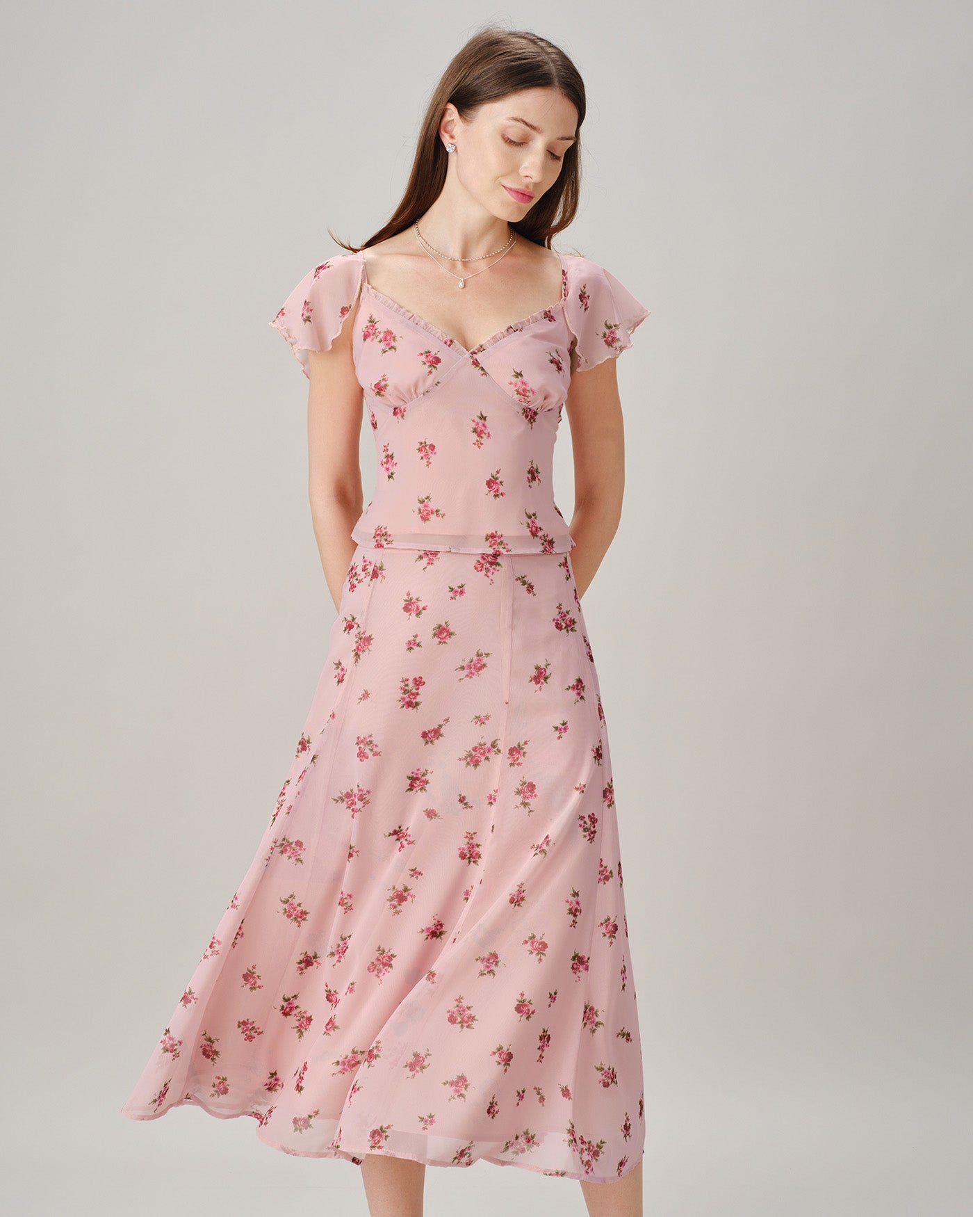 Pink V Neck Ruffle Floral Tee