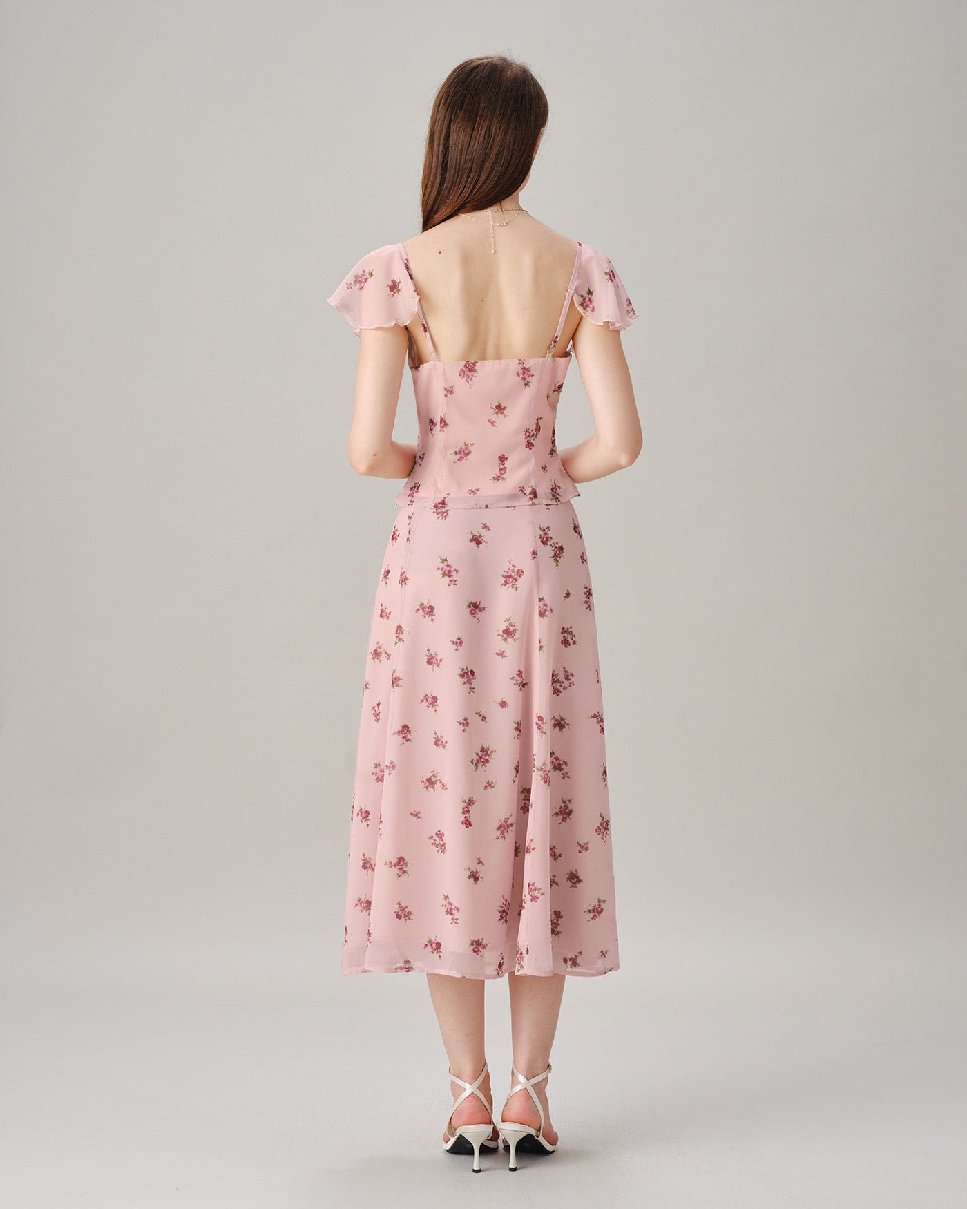 Pink V Neck Ruffle Floral Tee