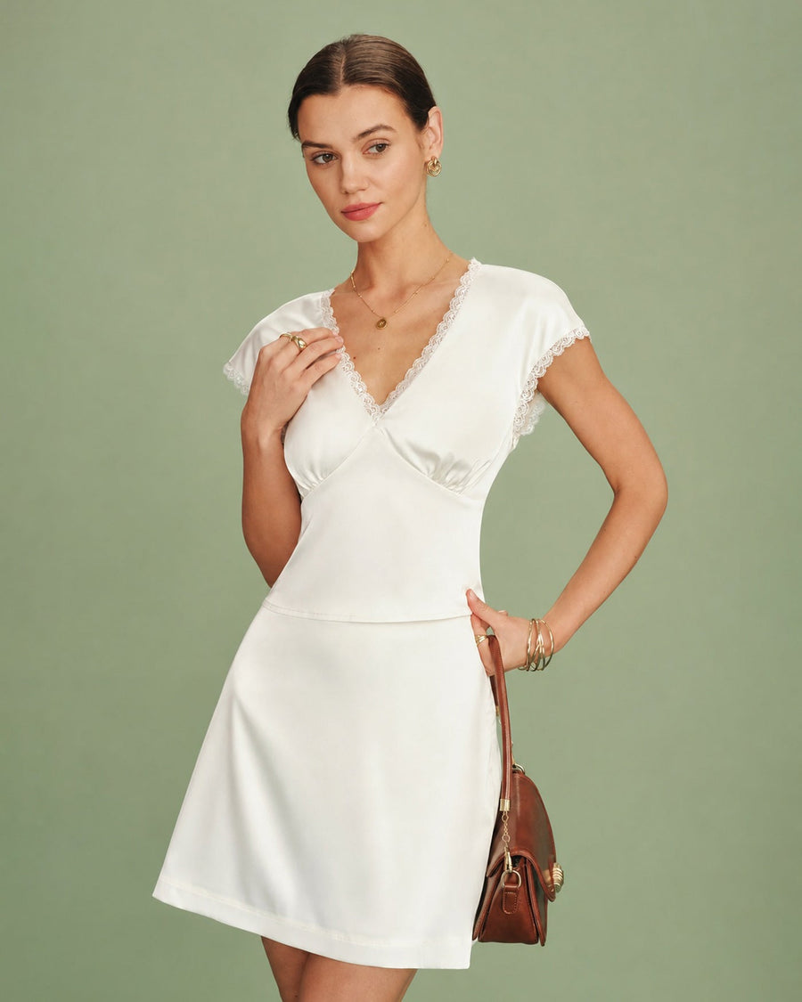 Apricot V Neck Lace Satin Tee