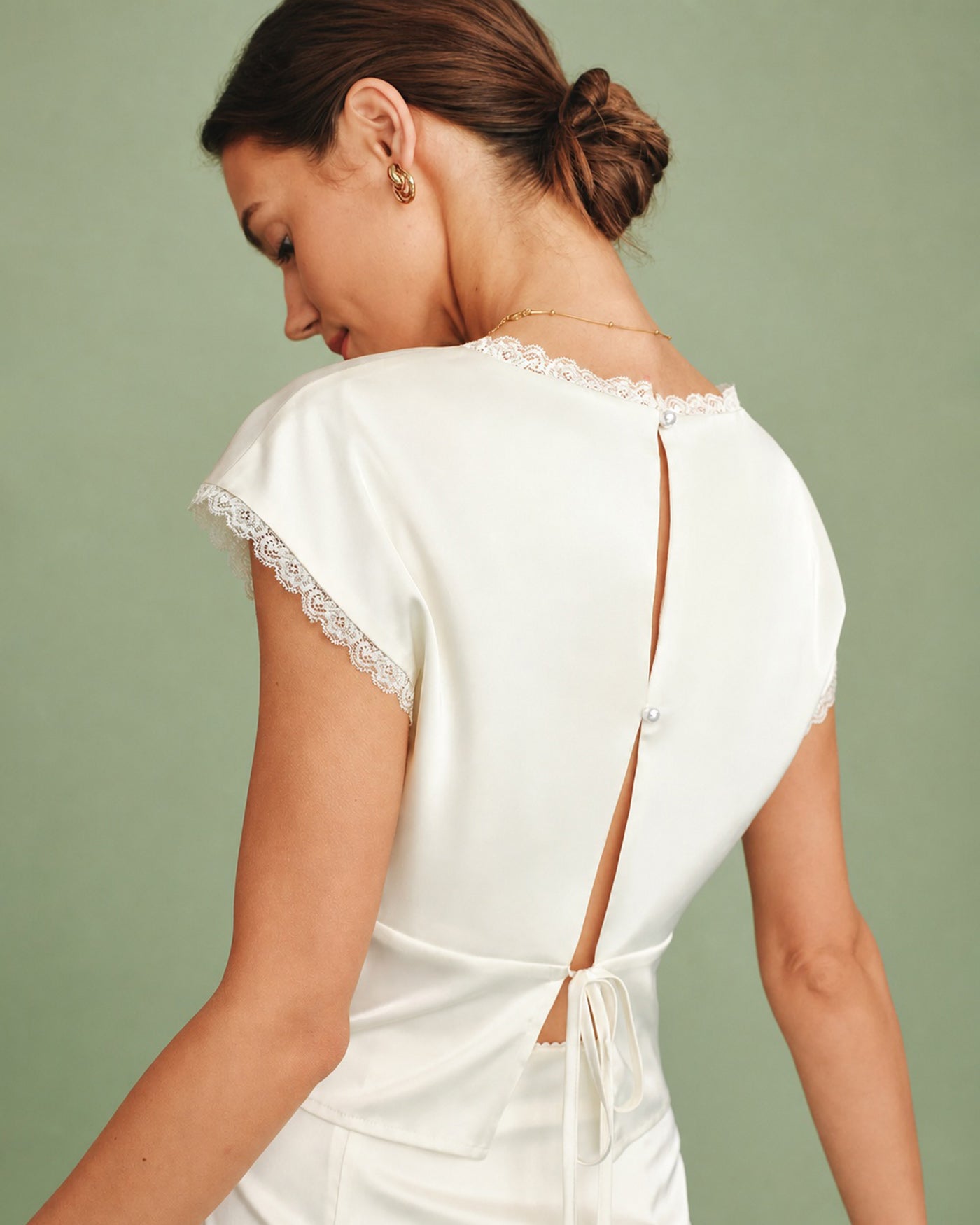 Apricot V Neck Lace Satin Tee