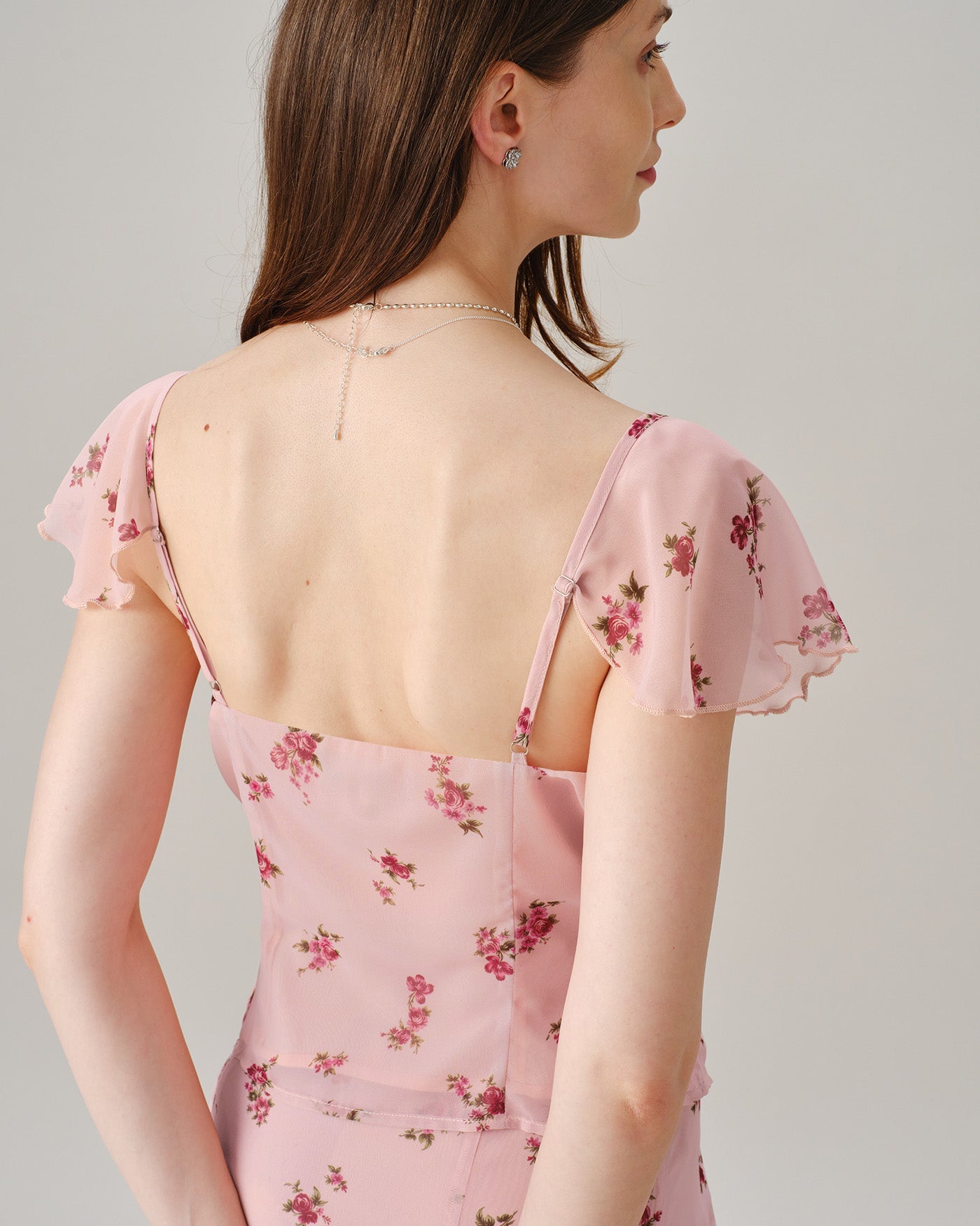Pink V Neck Ruffle Floral Tee