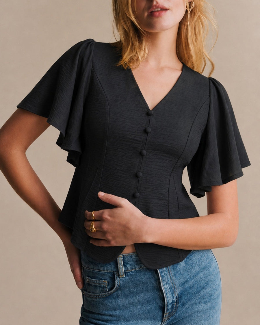 Black V Neck Butterfly Sleeve Button Tee