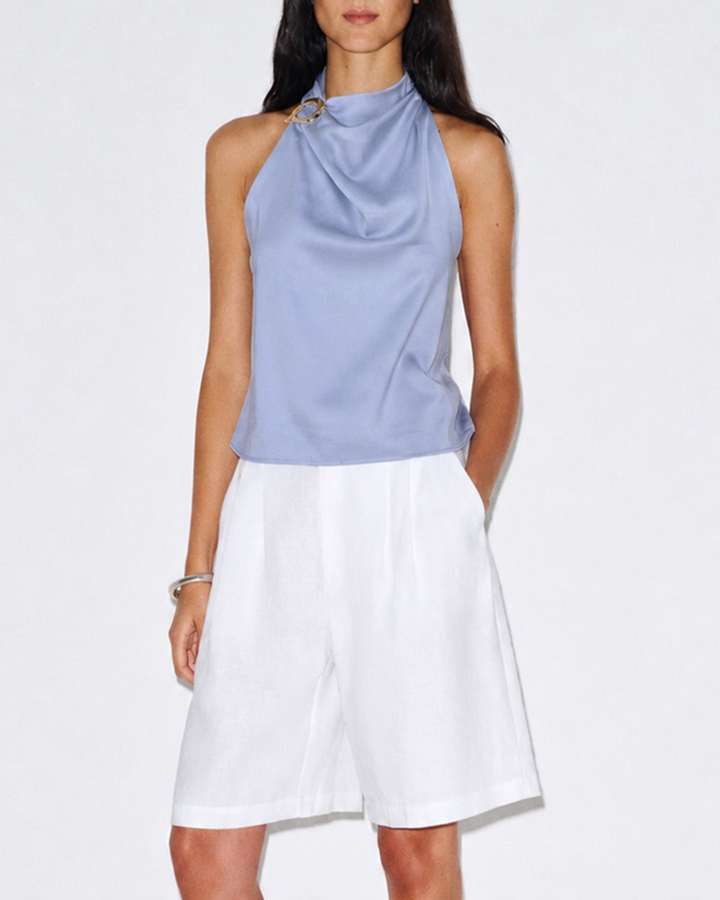 Blue Cowl Neck Button Tank Top