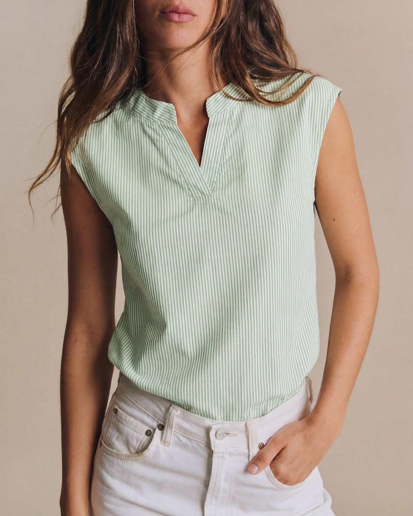 Green V Neck Drop Shoulder Striped Tee