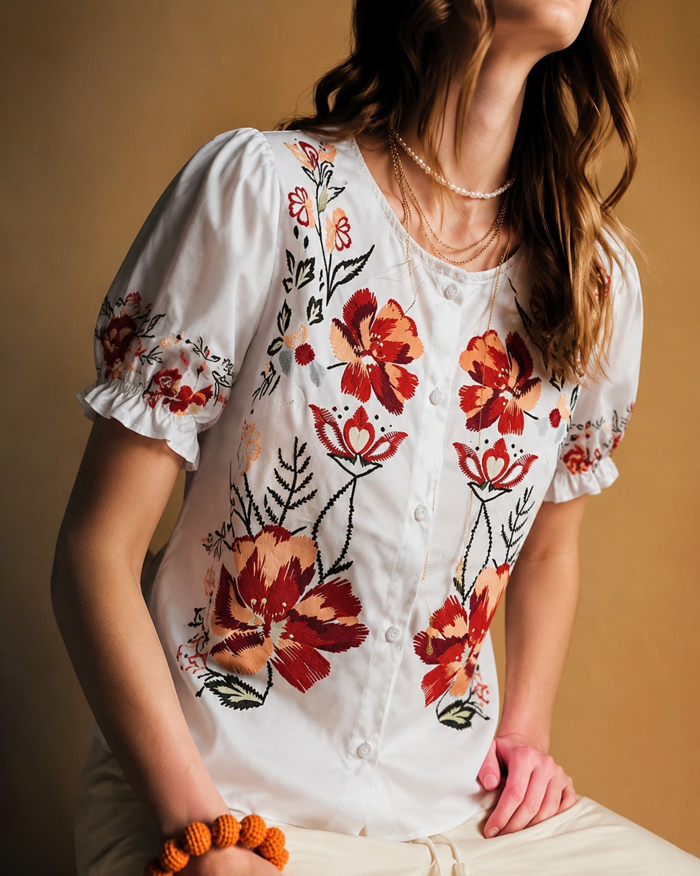 White Puffed Sleeve Button Floral Tee