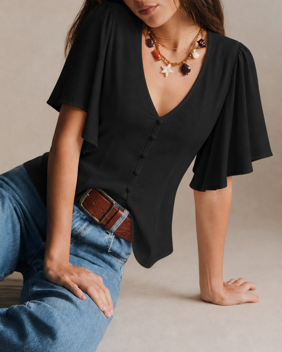 Black V Neck Butterfly Sleeve Button Tee