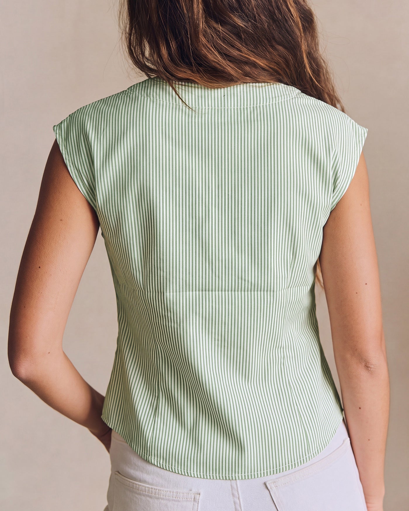 Green V Neck Drop Shoulder Striped Tee