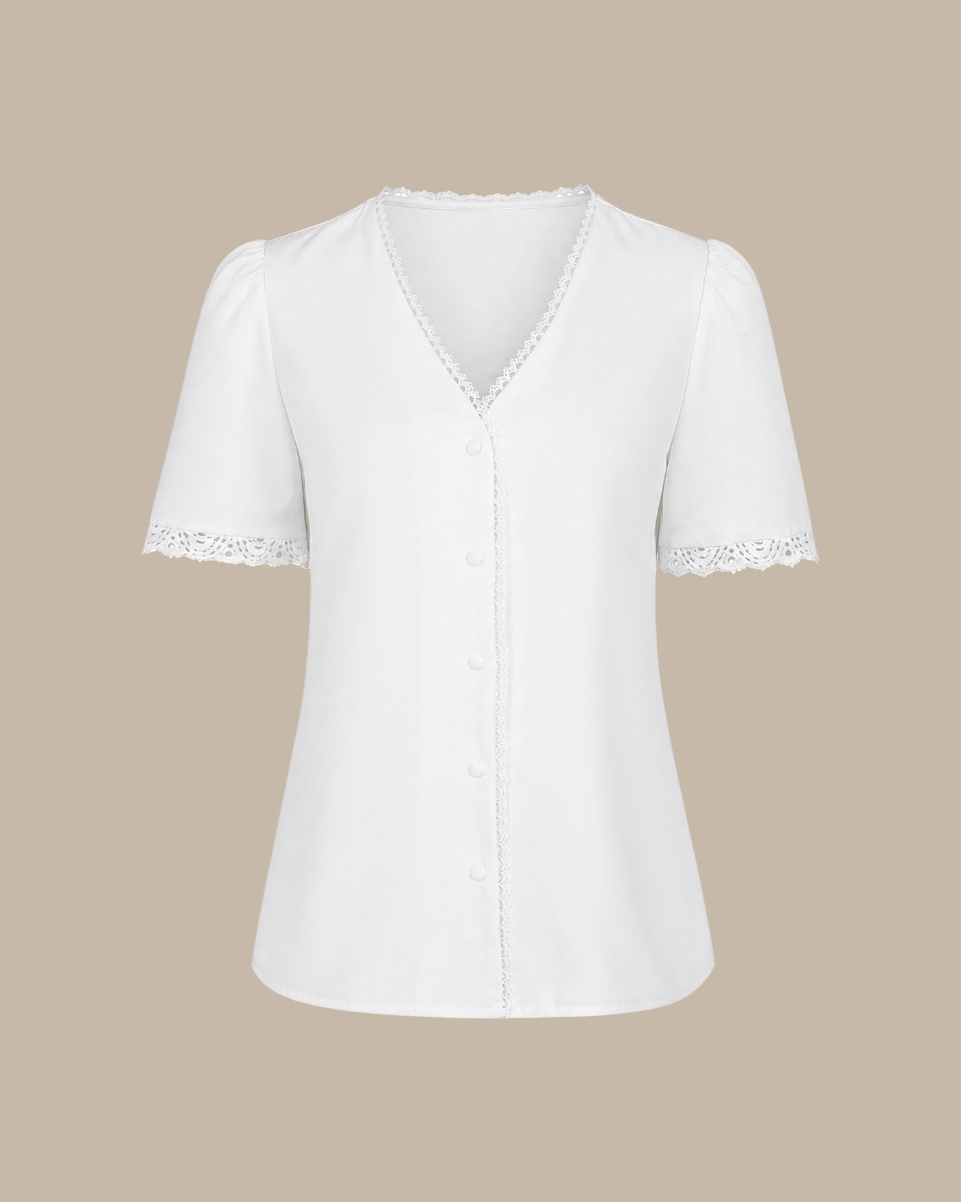 White Solid V Neck Button Tee