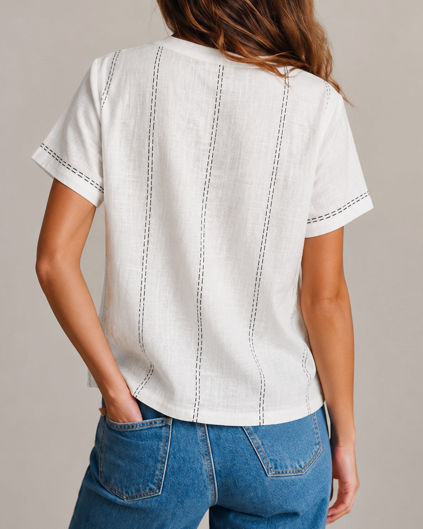 White Round Neck Geometric Button Tee