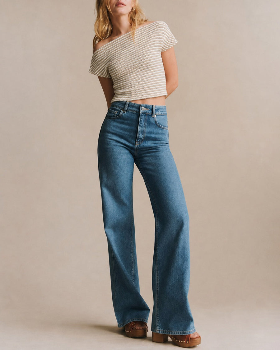 Khaki One Shoulder Textured Striped Tee