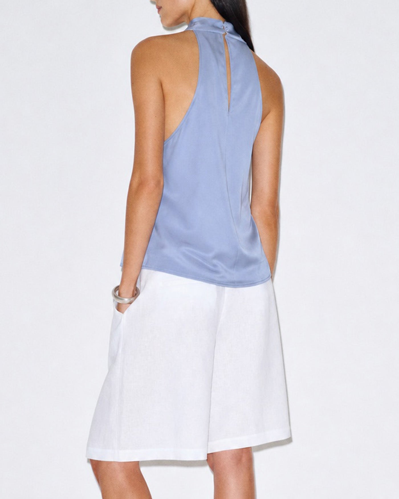 Blue Cowl Neck Button Tank Top