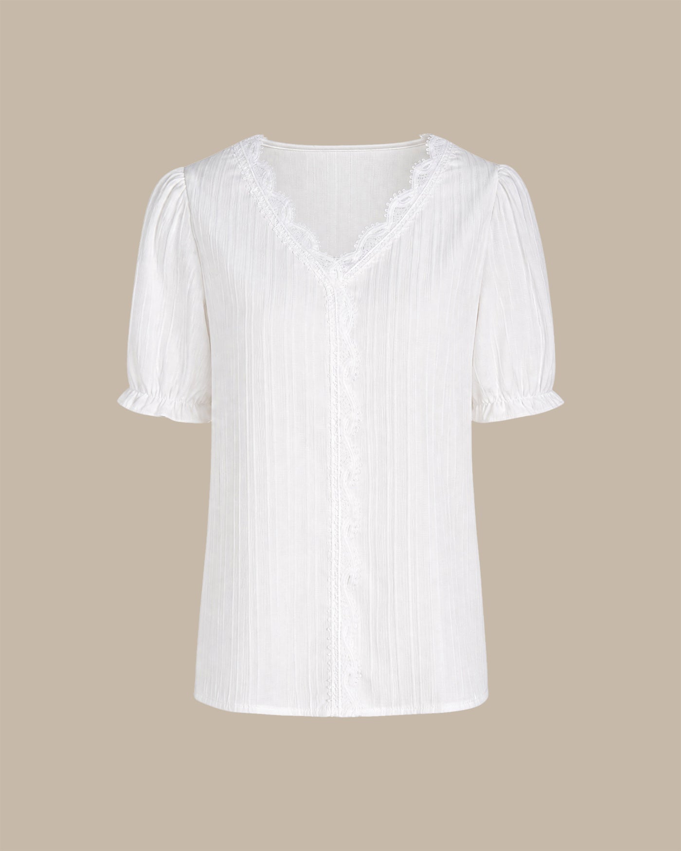 White V Neck Puffed Sleeve Splicing Tee