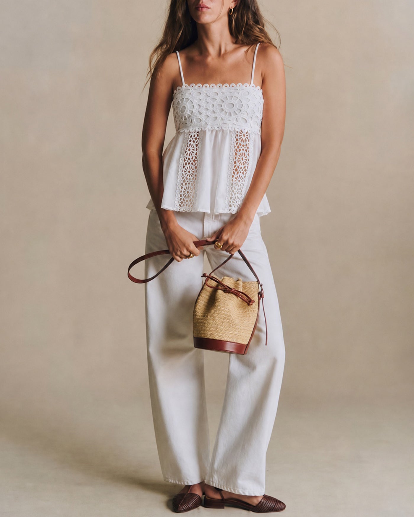 White Splicing Shirred Cami Top