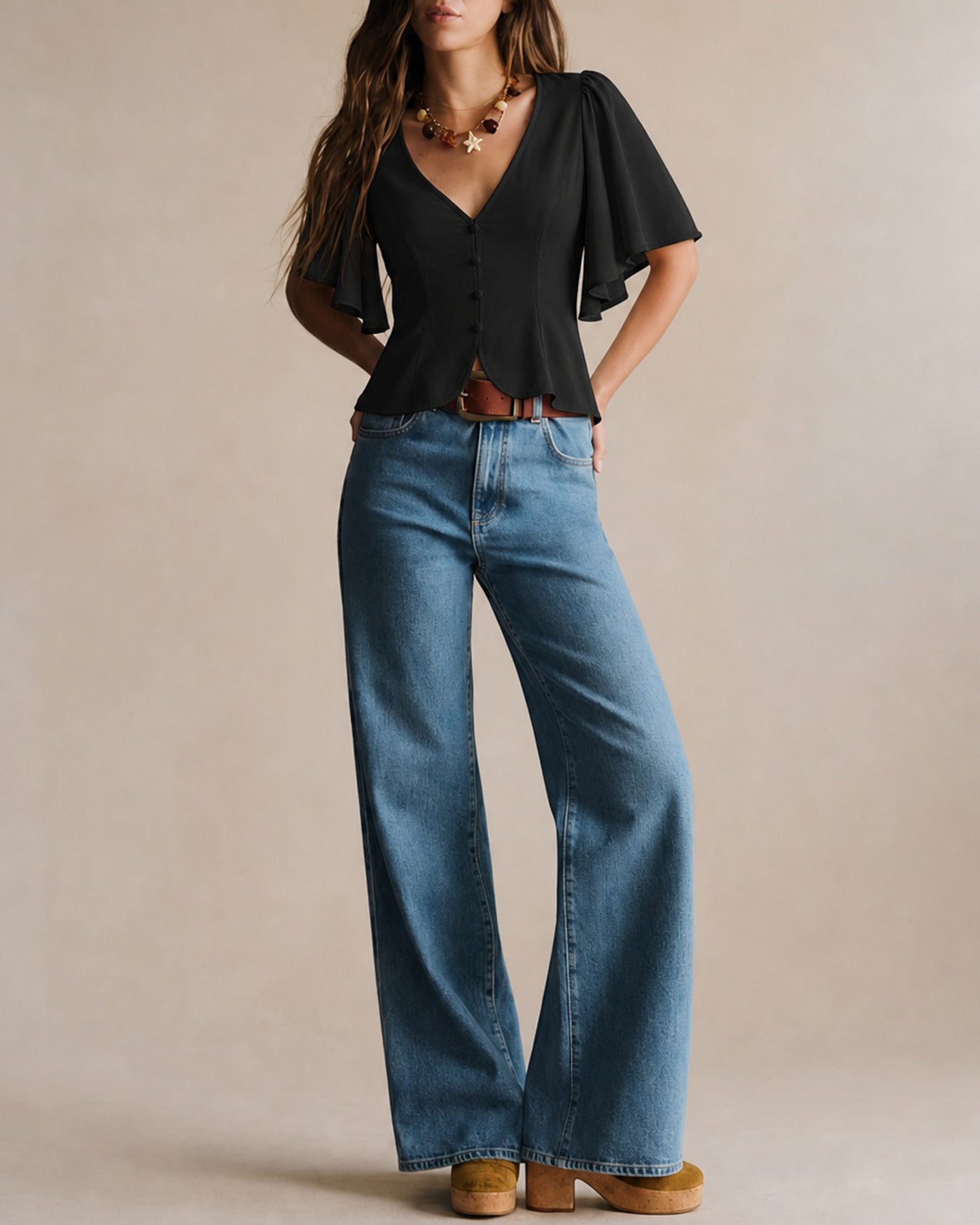 Black V Neck Butterfly Sleeve Button Tee