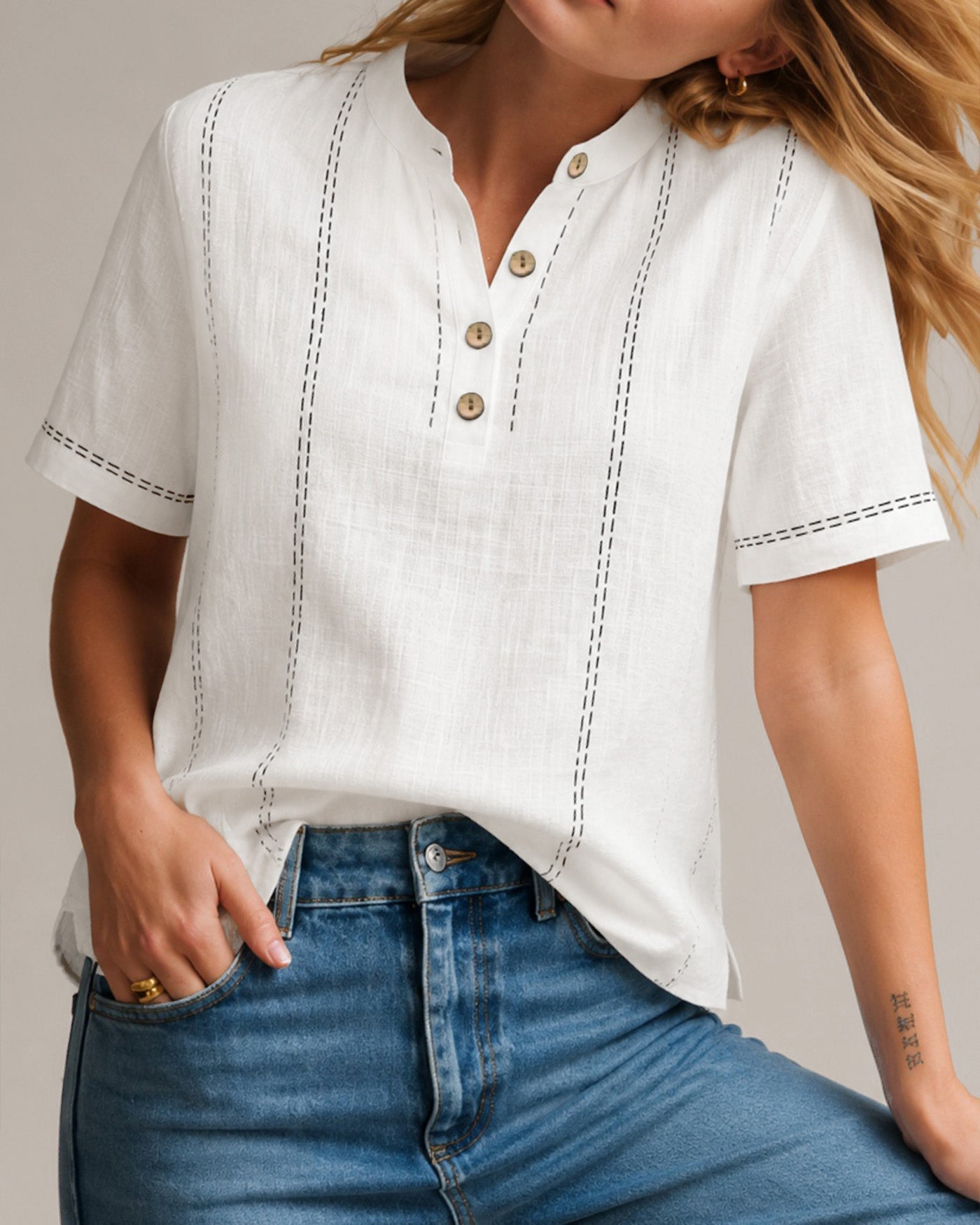 White Round Neck Geometric Button Tee