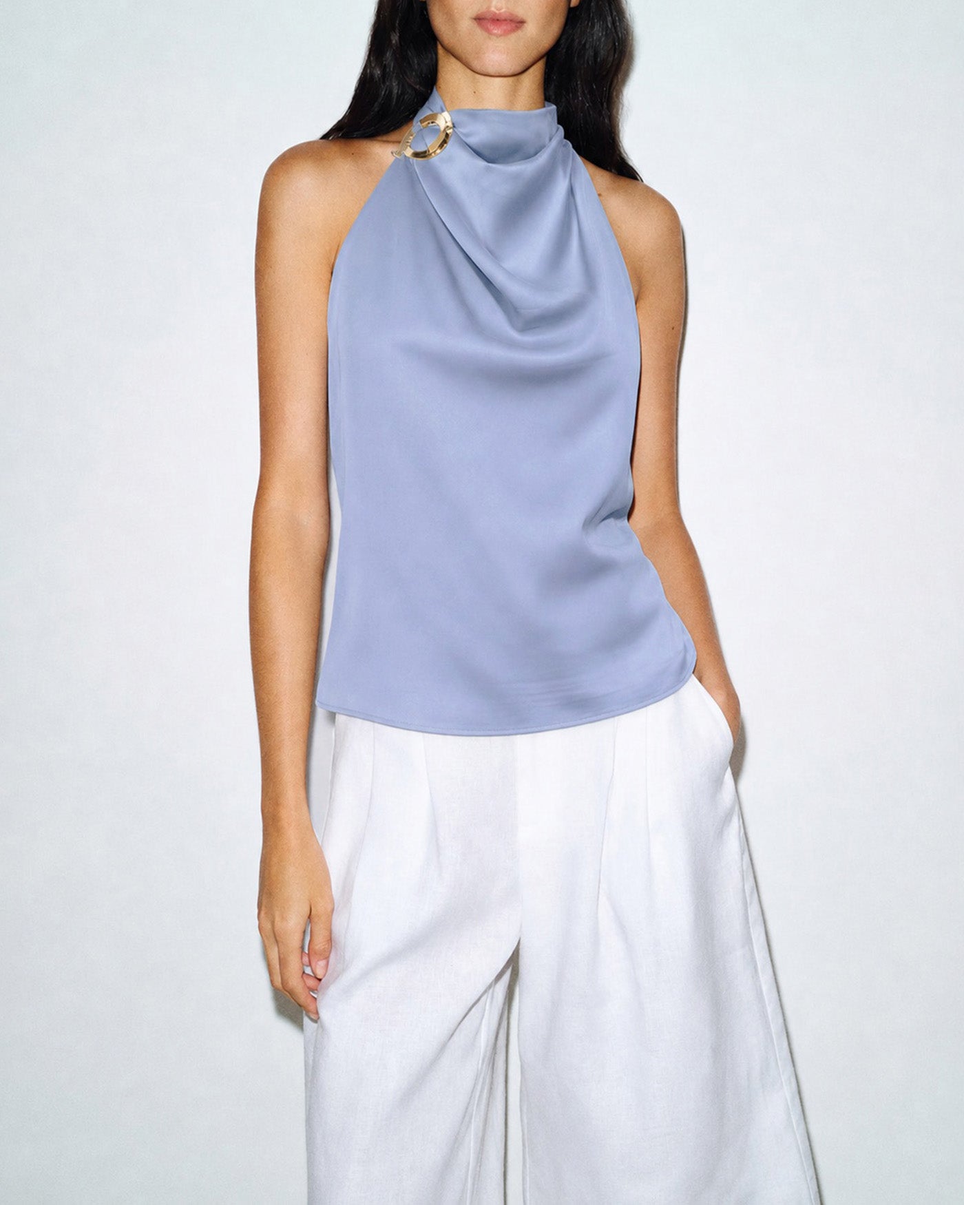 Blue Cowl Neck Button Tank Top