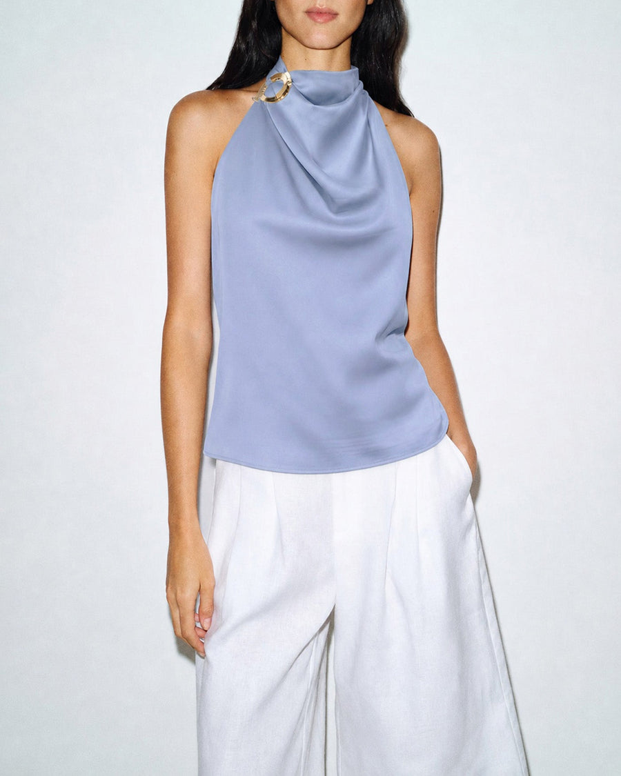 Blue Cowl Neck Button Tank Top