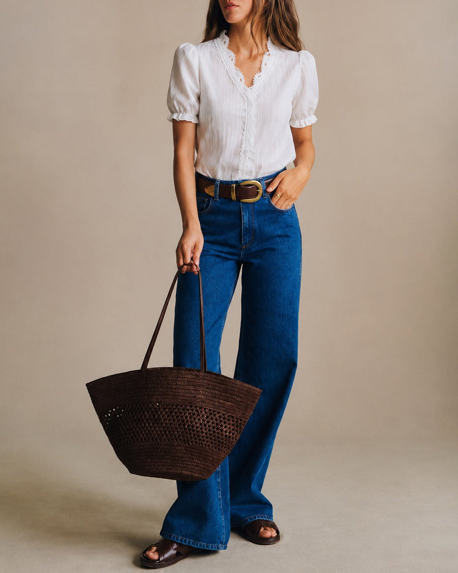 White V Neck Puffed Sleeve Splicing Tee