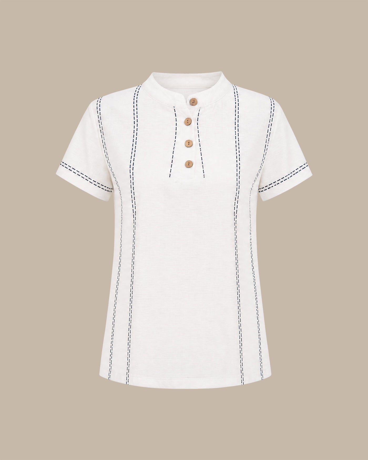 White Round Neck Geometric Button Tee