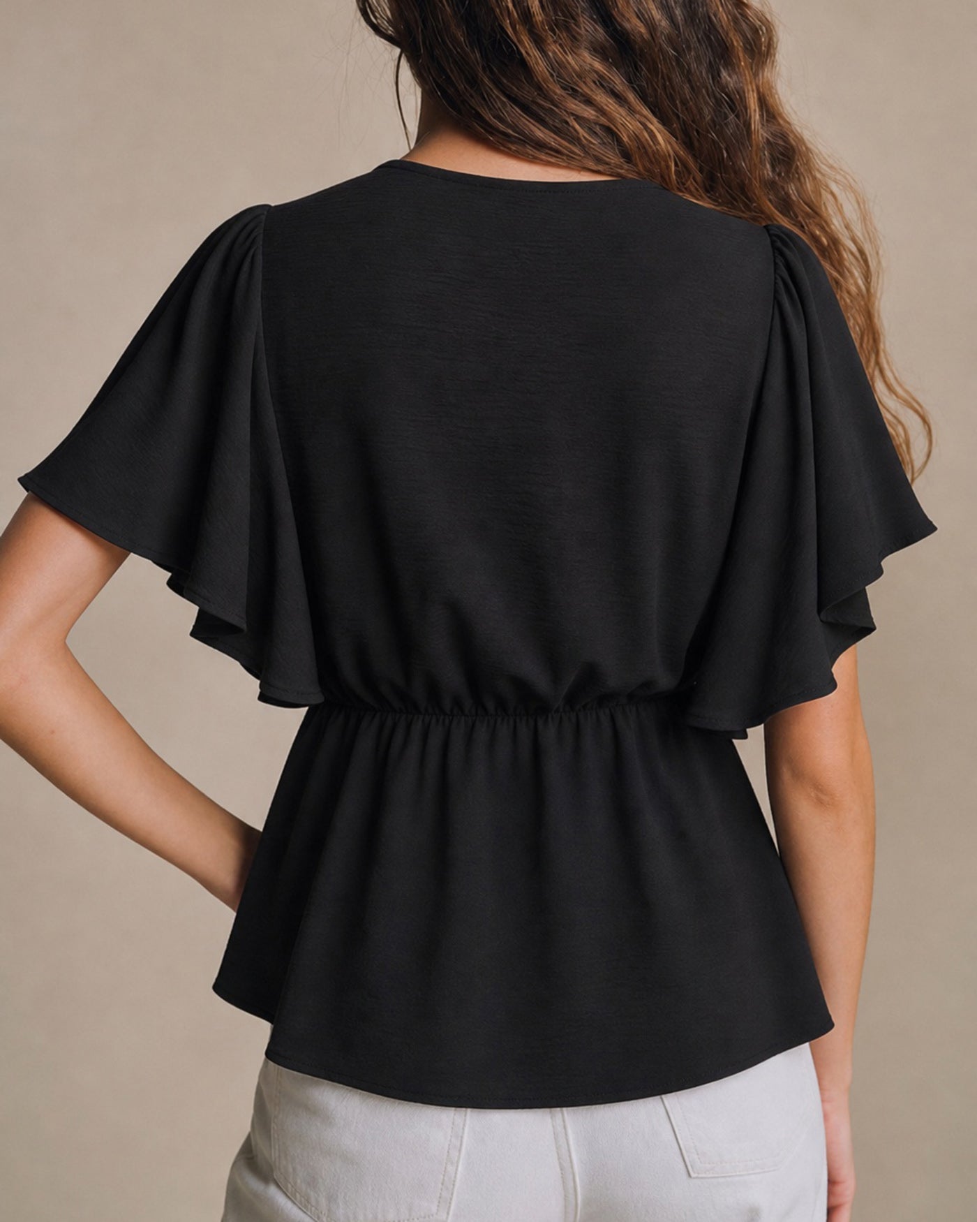 Black V Neck Butterfly Sleeve Button Tee