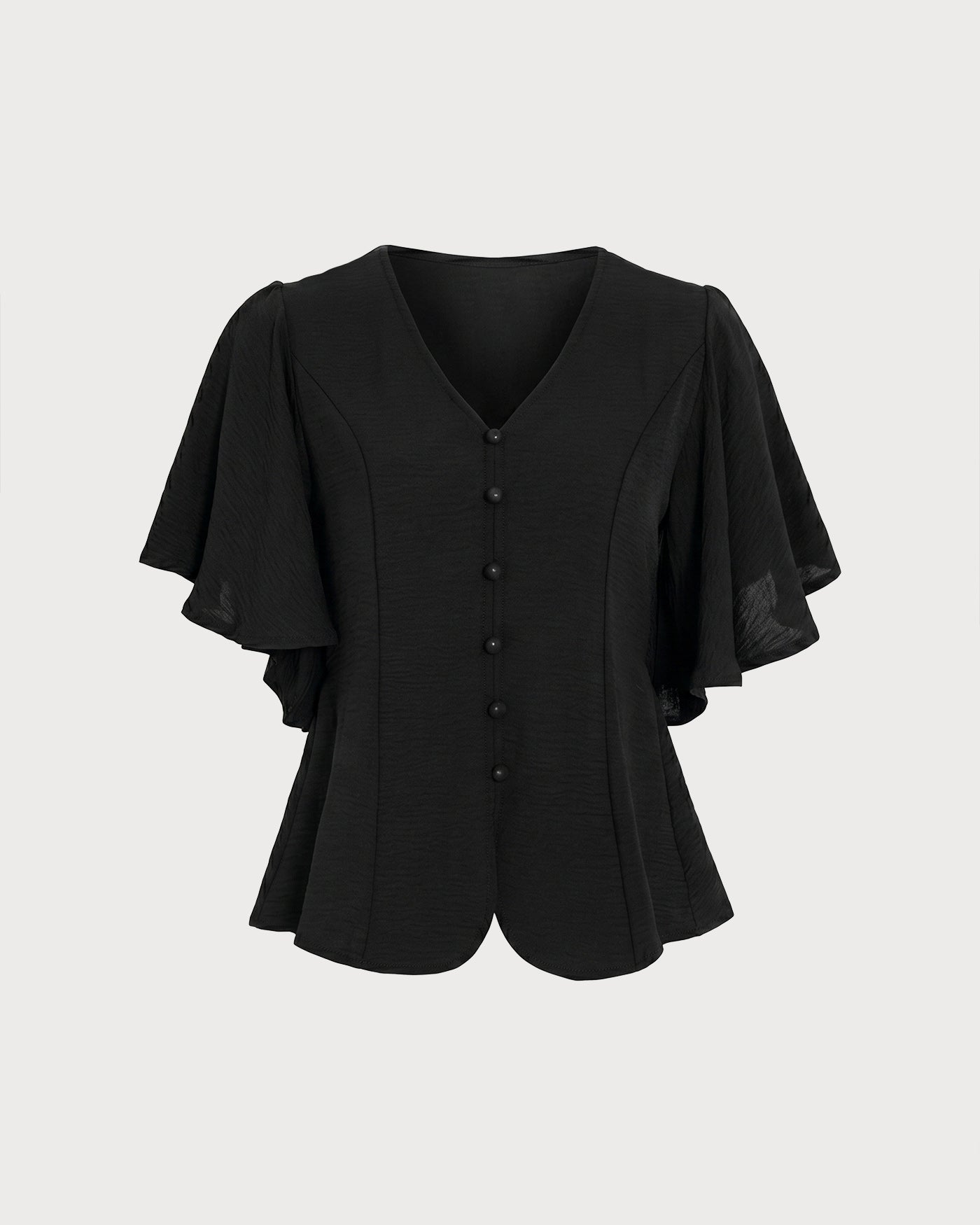 Black V Neck Butterfly Sleeve Button Tee